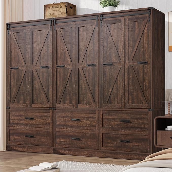 Farmhouse 6 Doors Armoire Wardrobe Closet w/Folding Sliding Barn Door and Lights, LED Armoire Closet w/ 6 Drawers for Bedroom, Freestanding Wooden Wardrobe Storage Closets w/Hanging Rod,Rustic Brown