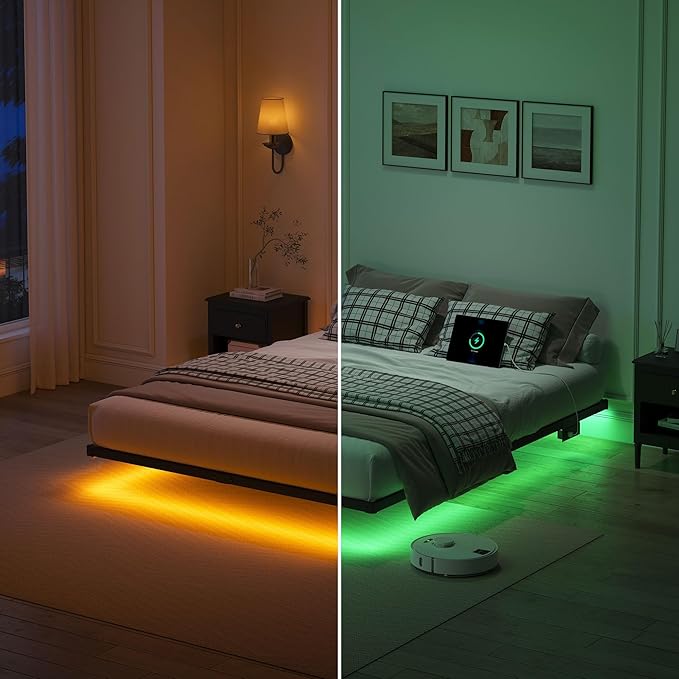 YORMDMO Floating Bed Frame Full Size, Heavy Duty Bedframe with Smart LED Lights & Charging Station, Modern Metal Platform Bed, Easy Assembly No Box Spring Needed, 8 Inch