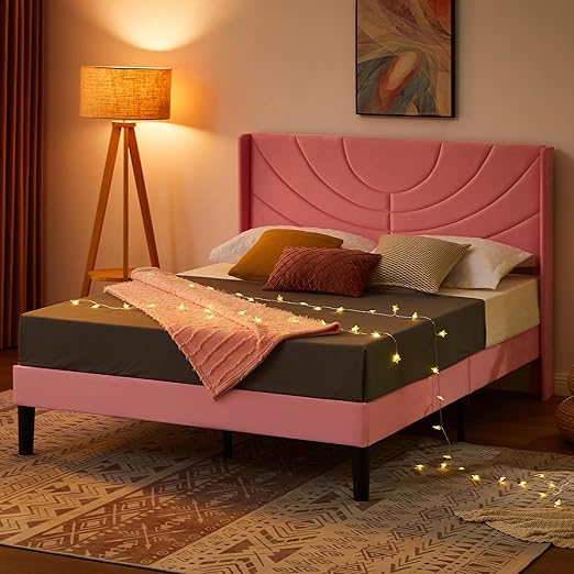 VECELO Queen Size Bed Frame Upholstered Platform with Fabric Headboard/Wooden Slats Support/No Box Spring Needed/Mattress Foundation,Pink