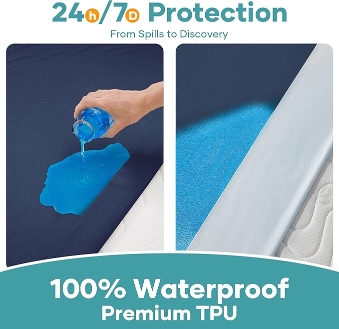 OhGeni 100% Waterproof Mattress Protector, Navy Blue Queen Size, Fitted Sheet with Deep Pockets, 6''-18'', Premium Noiseless Breathable Soft Material, Mattresses Cover for Bed