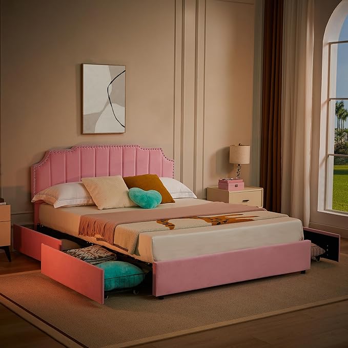 VECELO Full Upholstered Platform Bed Frame with 4 Storage Drawers,Velvet Vintage Full Bed with Nailhead Trim,Tufted Height Adjustable Headboard,Wooden Slats/No Box Spring Needed/Easy Assembly