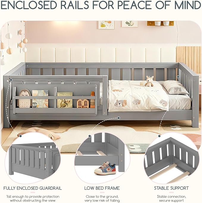 Bellemave Twin Floor Bed Frame with Fence & Bookshelf, Solid Pine Wood Twin Montessori Floor Bed with Slats Load 300LBS, Low Profile Floor Bed for Kids, Bedroom, Nursery, Easy Assembly, Grey