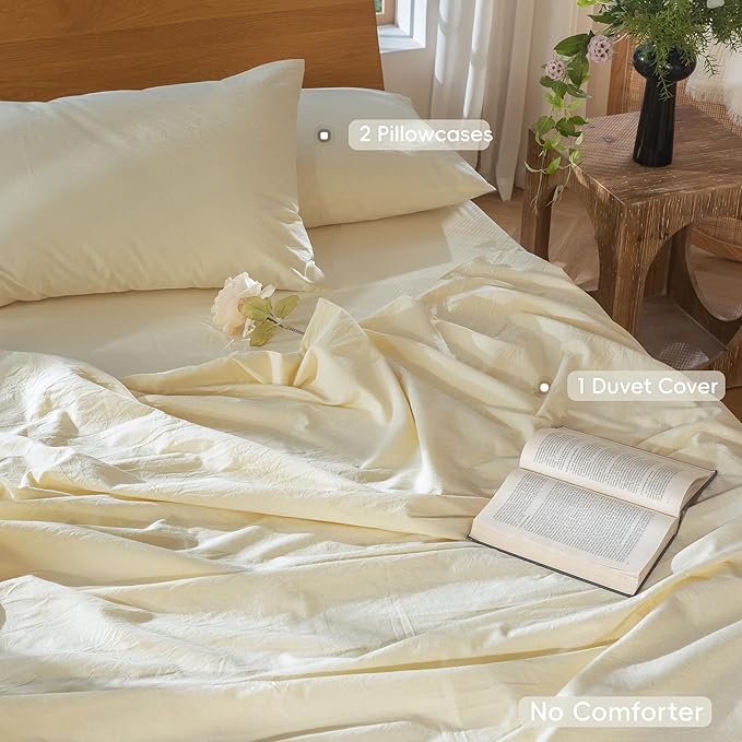 MooMee Bedding Duvet Cover Set 100% Washed Cotton Linen Like Textured Breathable Durable Soft Comfy (Solid Cream, Palatial King/Oversized King 120"x90")