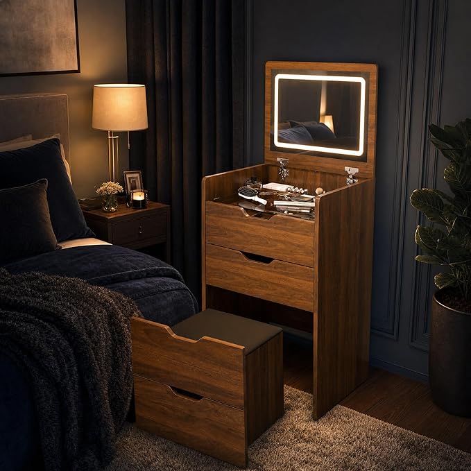 Casaphoria Vanity Desk with Mirror and Lights, 3-in-1 Flip Top Makeup Vanity Table with Stool and Storage, Compact Dressing Table for Small Space, Walnut Finish (18.9 Inch)