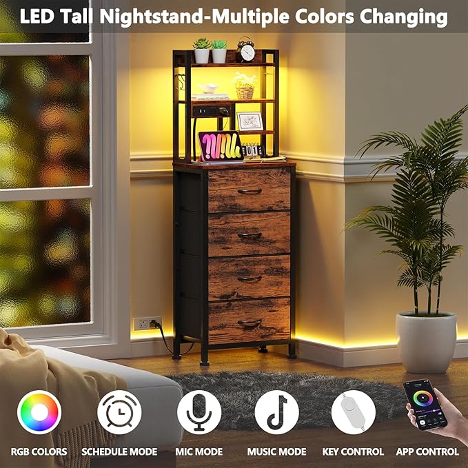 Furnulem Night Stand Set 2, LED Nightstand with Charging Station, 4 Fabric Drawers and 4 Tier Storage Shelf, Bedside End Table for Bedroom, Dorm, Office, Rustic Brown