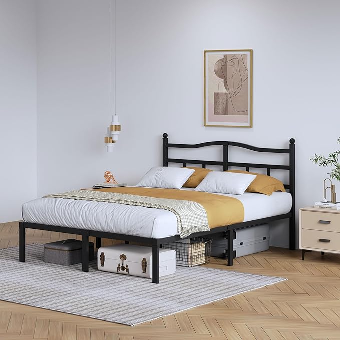 SHOANED Metal Bed Frame with Headboard - 14 Inch King Size Heavy Duty Bedframe Black Basic Steel Slats Platform No Box Spring Needed/Easy Assembly/Noise Free