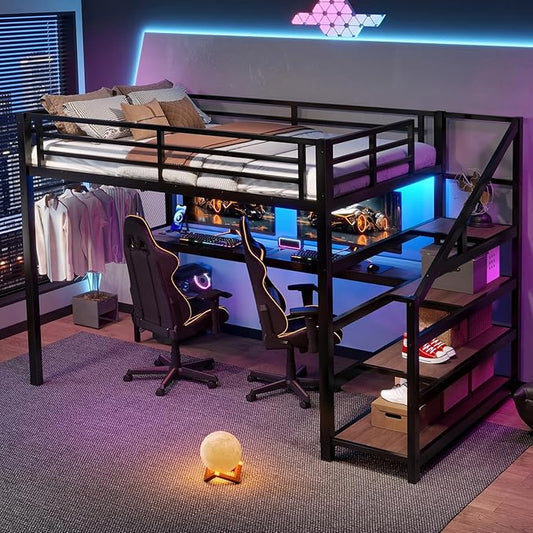 Full Size Loft Bed with Desk and Storage Stairs,Metal Heavy Duty Loft Bed Full Size with LED Light, Charging Station, LoftBed Frames for Kids, Teens, Adults, No Box Spring Needed, Black