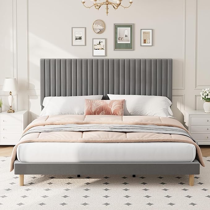 GAOMON King Bed Frame with Adjustable Headboard, Velvet Upholstered Platform King Size Bed Frame, Wooden Slats Support, No Box Spring Needed, Easy Assembly, Grey