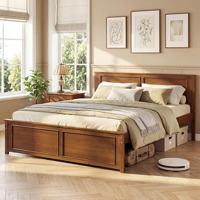 Giantex Wood Queen Size Bed Frame with Headboard, Farmhouse Solid Platform Bed w/Wooden Slat Support Mattress Foundation, Under-Bed Storage, No Box Spring Needed, Walnut