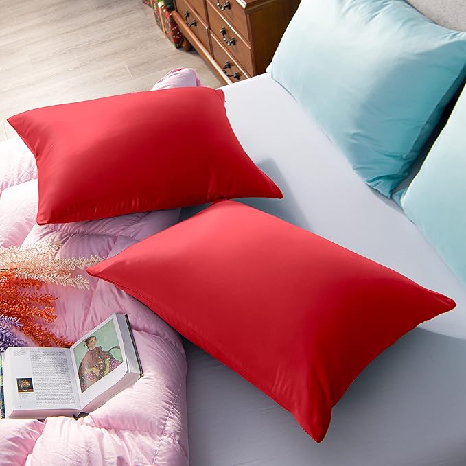 NTBAY Zippered Satin Pillow Cases for Hair and Skin, Luxury King Hidden Zipper Pillowcases Set of 2, 20x36 Inches, Red