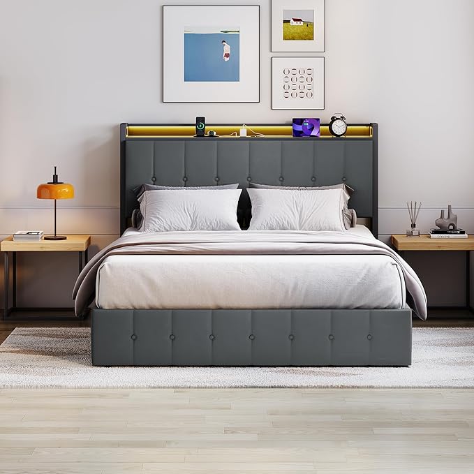 Garvee Queen Size Lift Up Storage Bed with LED Lights, Upholstered Velvet Bed Frame with Storage Headboard & Charging Station, Metal Platform Bed, No Box Spring Needed, Solid Wooden Slats, Grey