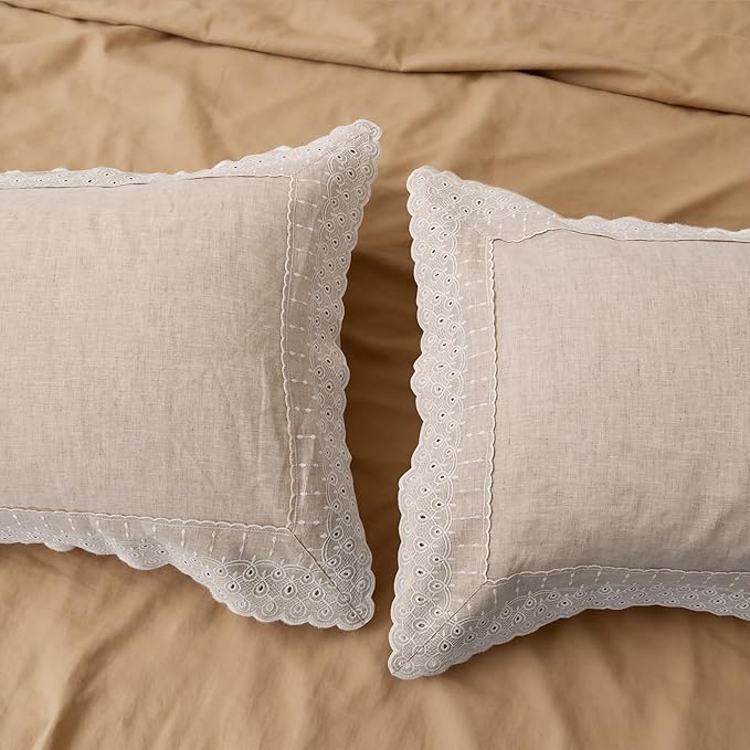 CHUFFED 100% French Linen Pillowcases with Embroidery Lace,French Vintage Style Stone Washed Breathable Pillow Covers King Size Set of 2 with Envelope Closure for Decor,20x36 inches, Natural Linen