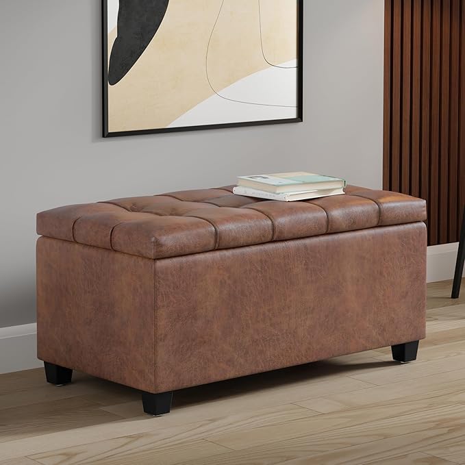 SIMPLIHOME Sienna Storage Ottoman Bench - 33 inch Wide Upholstered Vegan Leather Rectangle Storage Ottoman Bench in Distressed Saddle Brown, Transitional Tufted Ottoman for Living Room with Lift Top
