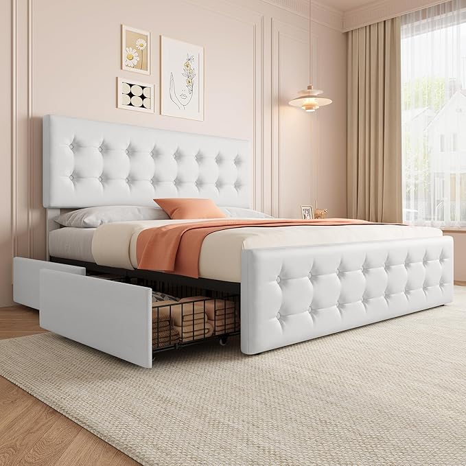 IDEALHOUSE King Size Bed Frame with 4 Storage Drawers and Headboard, Faux Leather Upholstered Platform Bed Frame with Wooden Slats Support, Button Tufted Design, No Box Spring Needed, White