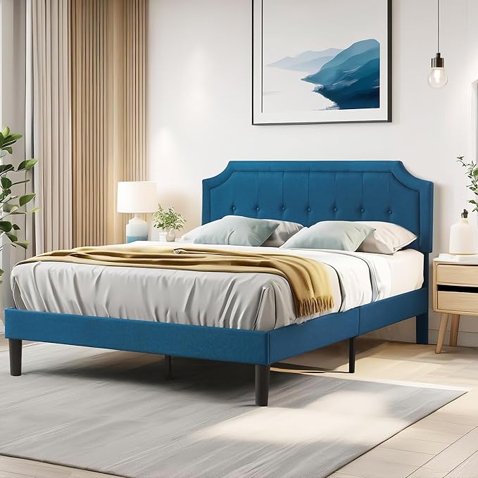 VECELO Full Size Platform Bed Frame with Fabric Upholstered Headboard and Wooden Slats Support, No Box Spring Needed/Easy Assembly,Blue