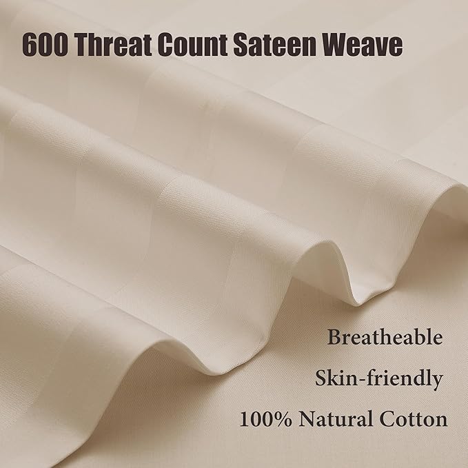 100% Cotton Soft Body Pillow Protectors with Invisible Zipper 20X54 Inches Body Pillow Cases, 600 Thread Count Soft Pillow Cases, Striped Beige Color 1-Pack