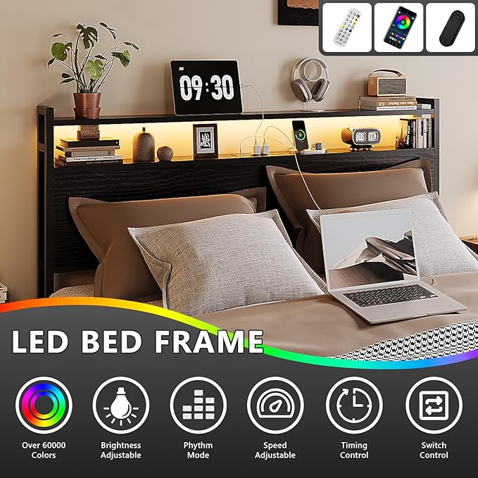 VINGLI Metal Bed Frame King with 4 Drawers and Storage Headboard, Platform with Charging Station and LED Lights, No Box Spring Needed, Noise Free, Easy Assembly, Black