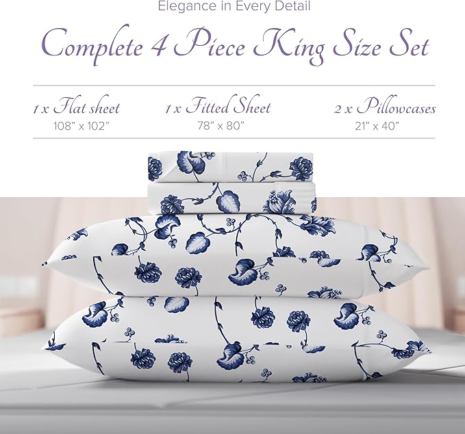 Carressa Linen 100% Egyptian Cotton King Size Sheets Set - 600 Series Hydrangeas Printed Egyptian Cotton Sheets King Size (4 PC, Floral Blue), 16" Deep Pocket Sateen Weave Luxury Bed Sheet