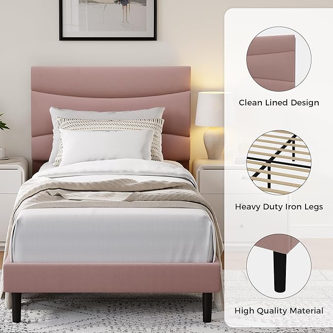 GarveeHome Twin XL Modern Upholstered Bed Frame with Soft Padded Headboard,Sturdy Metal Steel Slat Support, Noise-Free Quiet Design,Easy Assembly,Heavy Duty Stable Bed Frame(Pink)