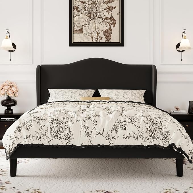 SHA CERLIN Full Size Velvet Platform Bed Frame with Elegant Wingback Headboard, Modern & Luxurious Design, Sturdy Wooden Slats, No Box Spring Required, Easy Assembly, Noise-Free, Soft Black