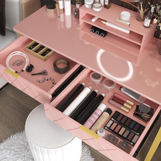 WESTREE Vanity Desk with 2 Drawers and Storage Shelf, Modern Makeup Table with Glossy Desktop, Gold Metal Frame Writing Desk for Bedroom or Home Office, No Mirror