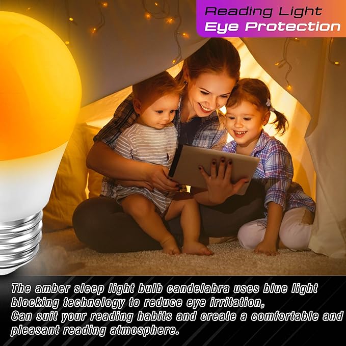 Amber Sleep Light Bulbs 1800k, Blue Light Blocking, A15 Soft Warm Light Bulb 25-40w Equivalent, 3W E26 Warm Amber Night Light for Healthy Sleep, Bedroom, Kids Room, Non-Dimmable, 4 Pack