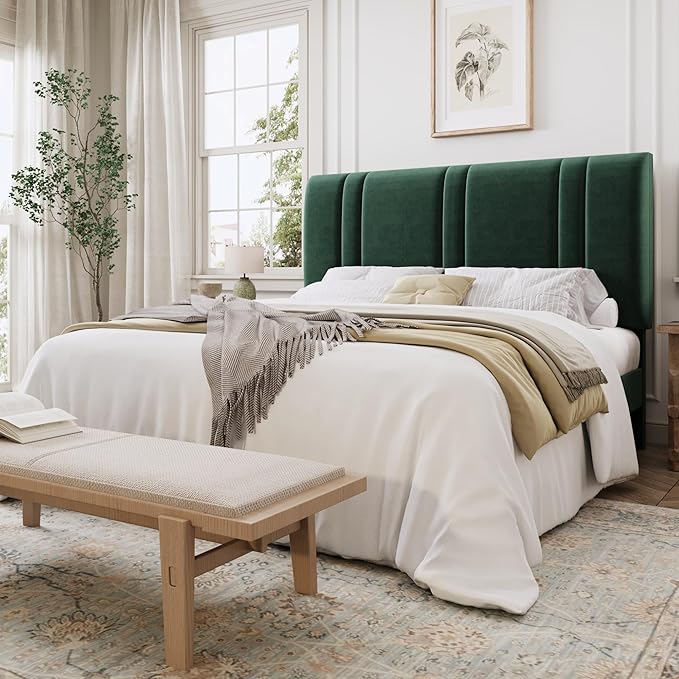 SHA CERLIN Queen Size Platform Bed Frame, Velvet Upholstered Bed with Adjustable Headboard, Vertical Channel Tufted Design, Sturdy Wood Slat Support, No Box Spring Needed, Easy Assembly, Green