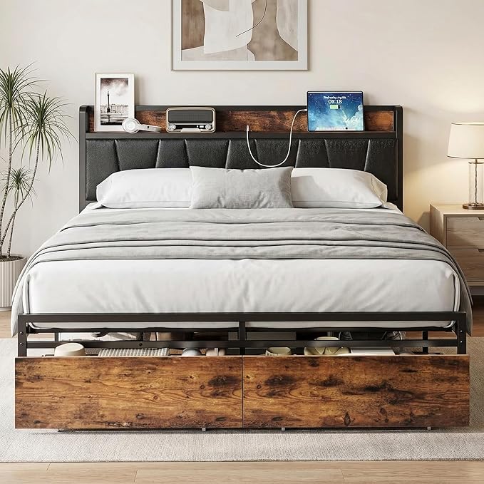 LIKIMIO Full Size Bed Frame, Storage Headboard with Charging Station, Platform Bed with Drawers, No Box Spring Needed, Easy Assembly, Industrial Brown and Black