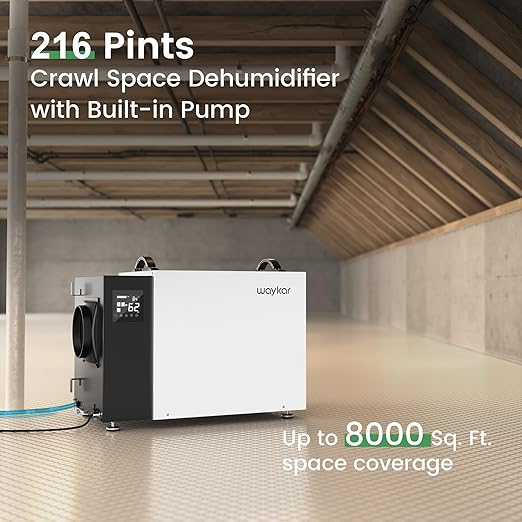 Waykar 216 Pint Crawl Space Dehumidifier with Pump & Drain Hose for Basements, Commercial & Water Damage Spaces up to 8000 Sq. Ft., Compact, Strong Dehumidification, 5-Year Quality Coverage