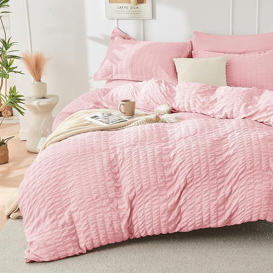 HYMOKEGE Pink Twin Size Duvet Cover, Ultra Soft 2-Piece Seersucker Duvet Cover Set with Zipper Closure, Soft Brushed Microfiber Bedding Set with 8 Corner Ties (68"x90", 1 Pillowshams)