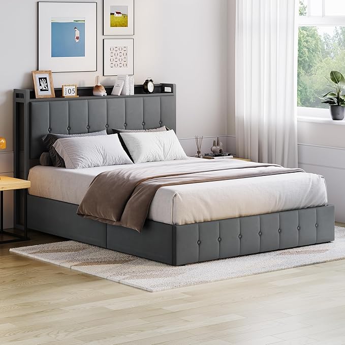 Garvee Full Size Lift Up Storage Bed, Upholstered Velvet Bed Frame with Storage Headboard, Metal Platform Bed, No Box Spring Needed, Solid Wooden Slats, Noise Free, Grey