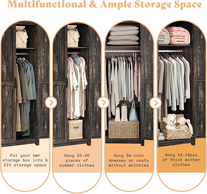 AMERLIFE Set of 2 Farmhouse Armoire Wardrobe Closet with 2 Barn Doors, 71'' Storage Cabinet with Shelf & Hanging Rod, Versatile Clothing Storage for Bedroom, Black Oak