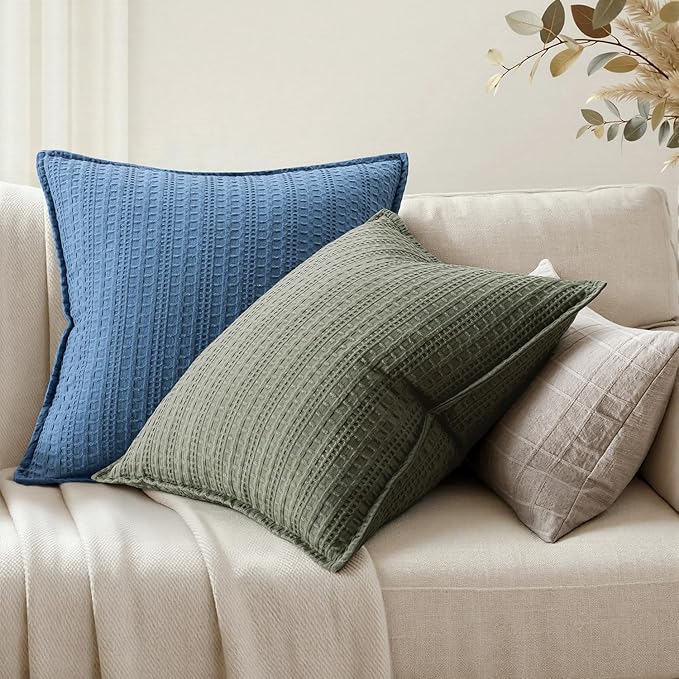 Set of 2 Decorative 100% Cotton Waffle Throw Pillow Covers 20x20, Neutral Euro Shams Weave European Cushion Cases for Couch Sofa Bed Modern Farmhouse Home Decor, Olive Green