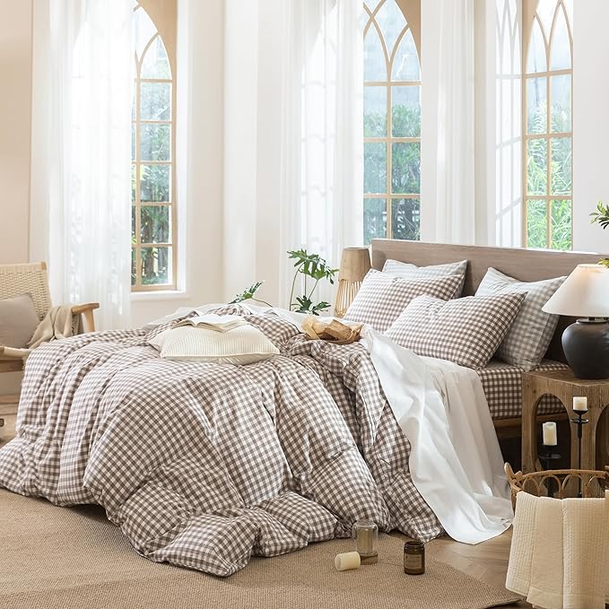 MooMee Gingham Duvet Cover Set 100% Washed Cotton Linen Like Textured Breathable Durable Soft Comfy Modern Checkered Design (Brown Gingham, Queen 90"x90")