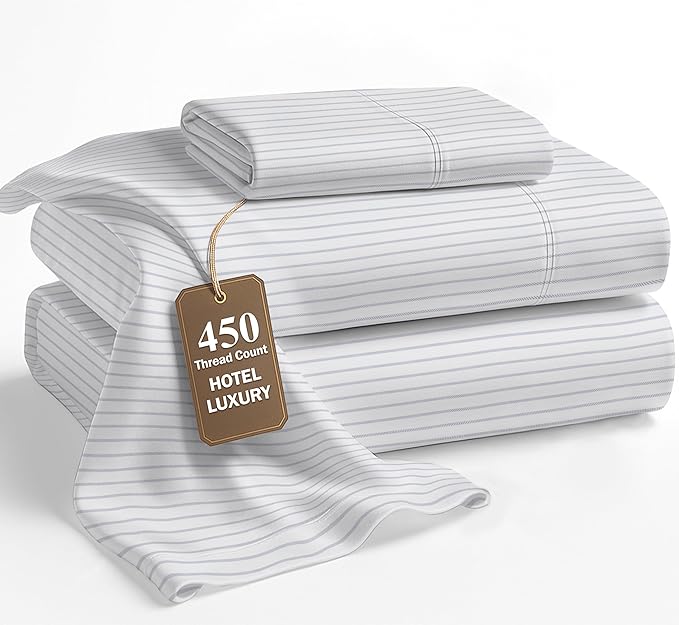 LANE LINEN Twin Bed Sheets Set - 450 Thread Count Set - 100% Cotton Sheets Twin Size Bed Set - Ultra Soft Cotton Bed Sheet Set for College Dorms - Sateen Weave Hotel Sheets - Tickling Stripe