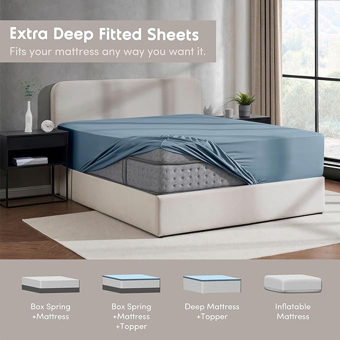 Nestl 2 Pack Stone Blue Fitted Sheet Extra Deep Pocket, Hotel Luxury TwinFitted Sheet Only Easily Fits 18 to 24 Inch Mattress, Super Soft, Wrinkle-Free and Breathable with Corner Straps