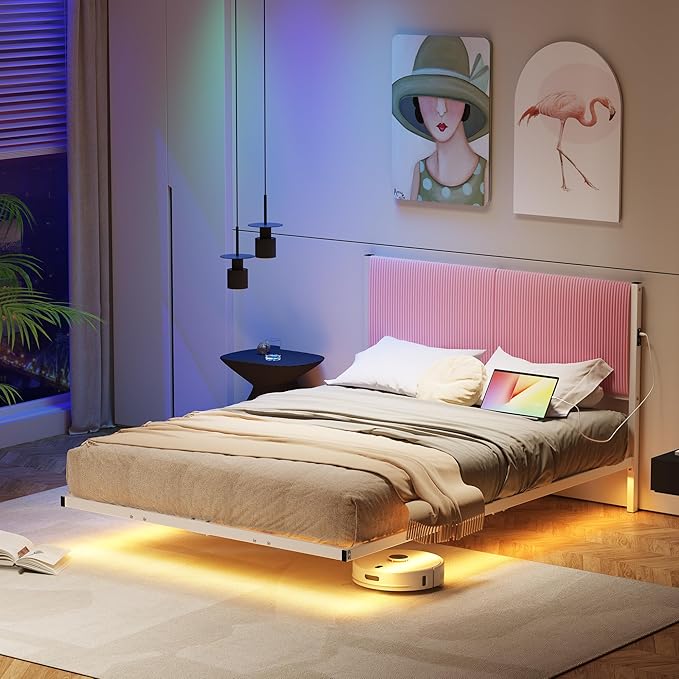 Full Size Floating Bed Frame with LED Lights & USB Charging Station,Metal Bed Frame Full Size with Upholstered Headboard,Platform Mattress Foundation,No Box Spring Needed,Easy Assembly,Pink