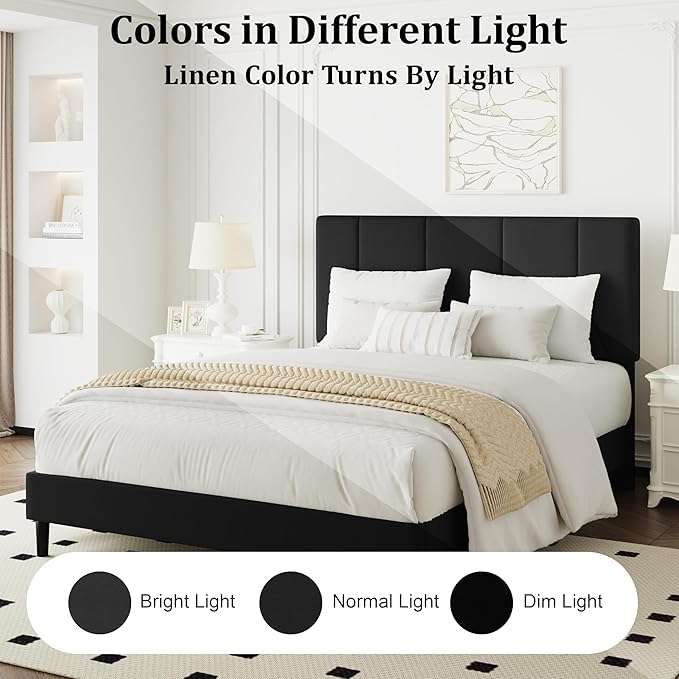 Full Bed Frame, Padded Platform Bed Frame with Velvet Headboard, Vertical Quilted Design, Sturdy Slatted Mattress Base, No Spring Mattress Required, Easy to Assemble, Black