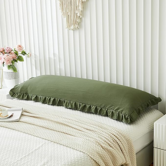 Shabby Chic Olive Green Body Pillow Cover - 20x54in Long Pillowcase with Ruffled Fringe Decor