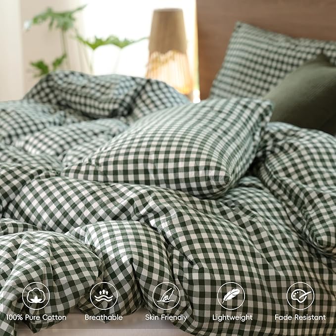 MooMee Gingham Duvet Cover Set 100% Washed Cotton Linen Like Textured Breathable Durable Soft Comfy Modern Checkered Design (Forest Green Gingham, Palatial King/Oversized King 120"x98")