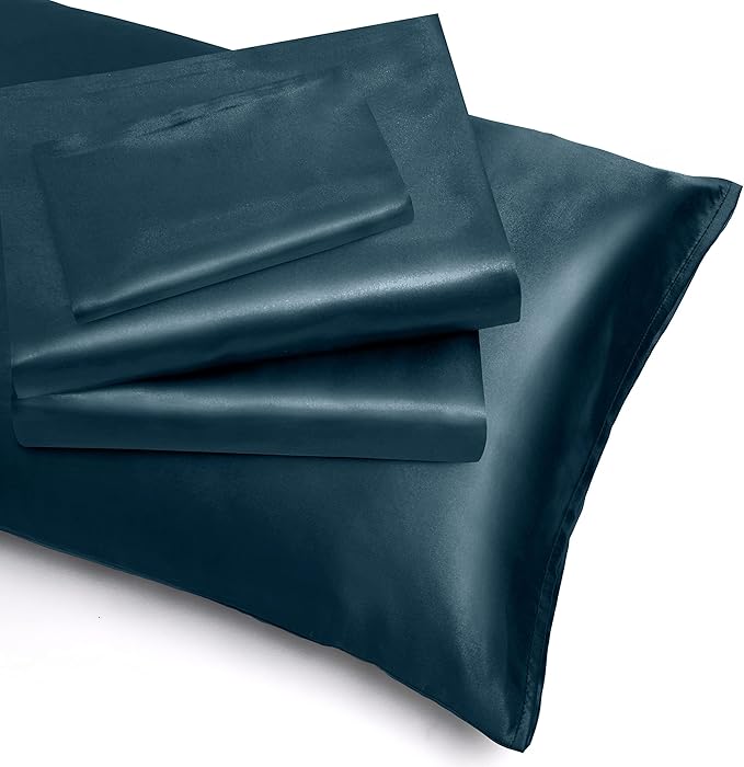 Homiest 4pcs Extra Deep Pocket Satin Sheets King Size Bed Set, 18-24 Inch Deep Pocket Bed Sheets Deep Sea Blue Satin Sheet Set, Silky Satin Bedding Set Soft Fitted Sheet Set Fits Ultra Deep Mattress