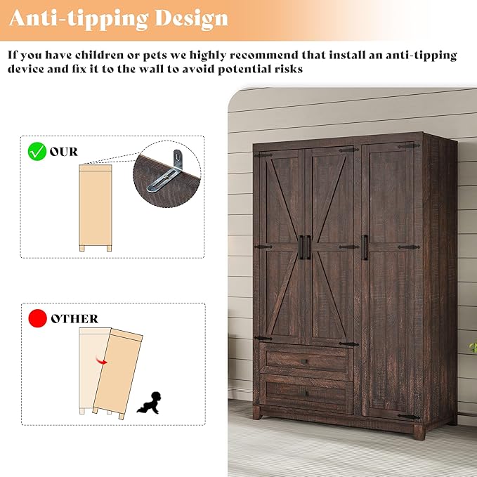 AMERLIFE Farmhouse 3 Door Wardrobe Closet with 2 Drawers & Hanging Rod, 47" Large Armoire Storage Cabinet with Adjustable Shelves, Freestanding Clothing Organizer for Bedroom, Barnwood Brown