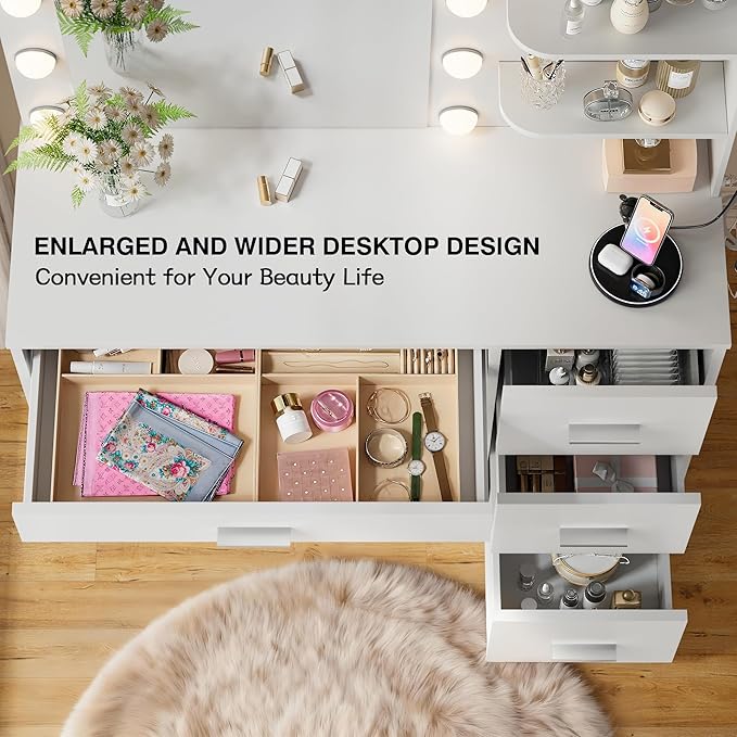 YESHOMY Vanity Desk with Mirror, 10 Lights, Power Outlet and 3 Storage Shelves, Makeup Table with 4 Drawers, 3 Color Modes, for Bedroom, Pure White