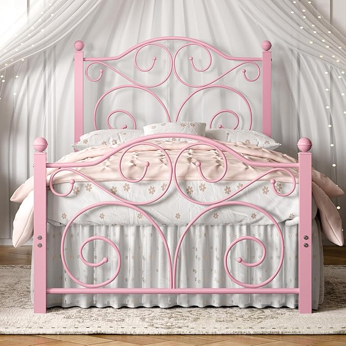 VECELO Twin Size Bed Frame with Headboard and Footboard, Heavy Duty Metal Slat Support, Platform Mattress Foundation, No Box Spring Needed, Easy Assembly, Pink