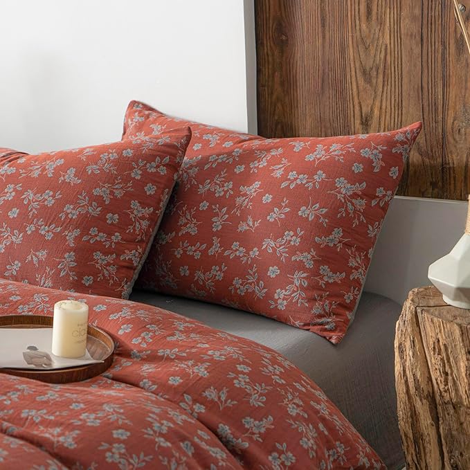 VM VOUGEMARKET Vintage Floral Duvet Cover Set King,Rust Red Double Layer Gauze Cotton Bedding, Soft Breathable Comforter Cover with Zipper Closure,3 Pieces