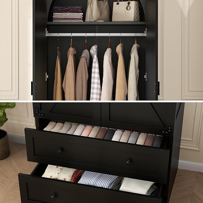 Black Armoire Wardrobe Closet,Wooden Wardrobe with 2 Doors and 2 Drawers,Bedroom Freestanding Armoire Storage Cabinet with Hanging Rack,Wardrobe Storage with with Hanging Rod for Bedroom, Cloak Room