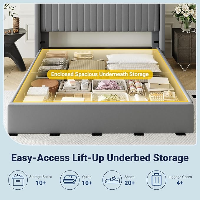 Allewie Full Size Lift Up Storage Bed Frame, Hydraulic Support System, Upholstered Platform Bed Frame, Underneath Storage, Vertical Channel Tufted Headboard with Wingback, No Box Spring Needed, Grey