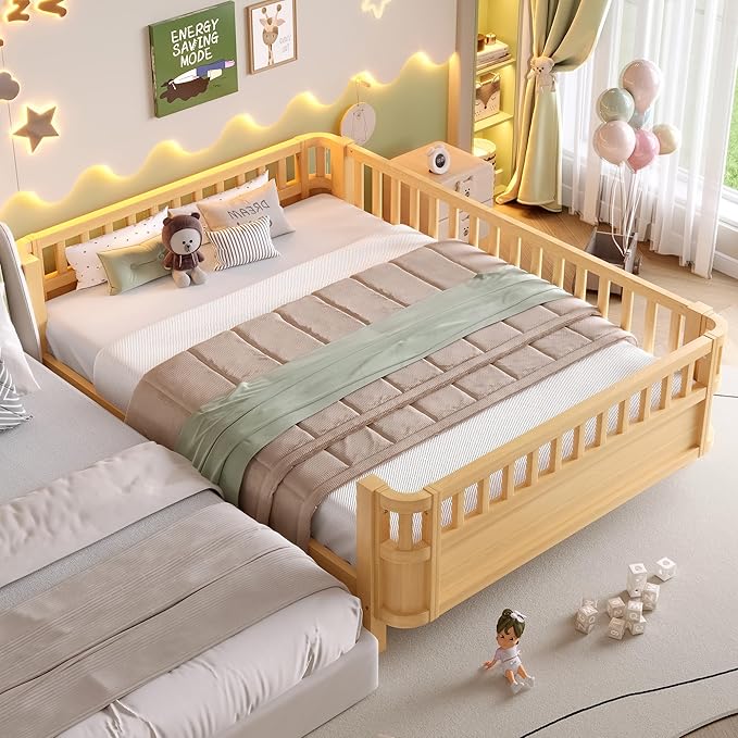 Bellemave Full Size Montessori Bed with Fence and Slats, Full Size Low Platform Bed Frame with Detachable Side Bed Rails and Rounded Corner Design, Easy Assemble Montessori Bed Natural