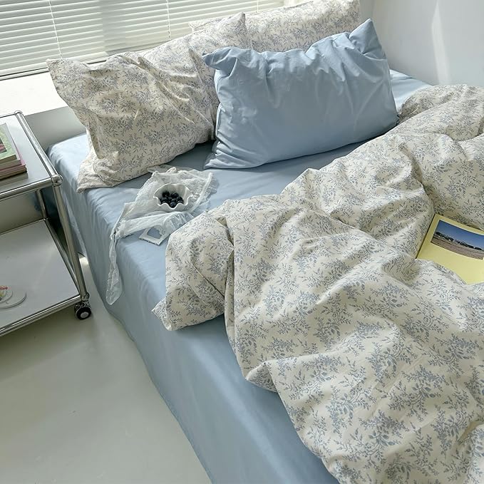 mixinni Blue Floral Duvet Cover Full Size - 100% Cotton Soft Boho Comforter Cover with Zipper Closure 4 Ties, 3-Piece Vintage Aesthetic Botanical Bedding Set with 2 Pillowcases, All Season Bed Set