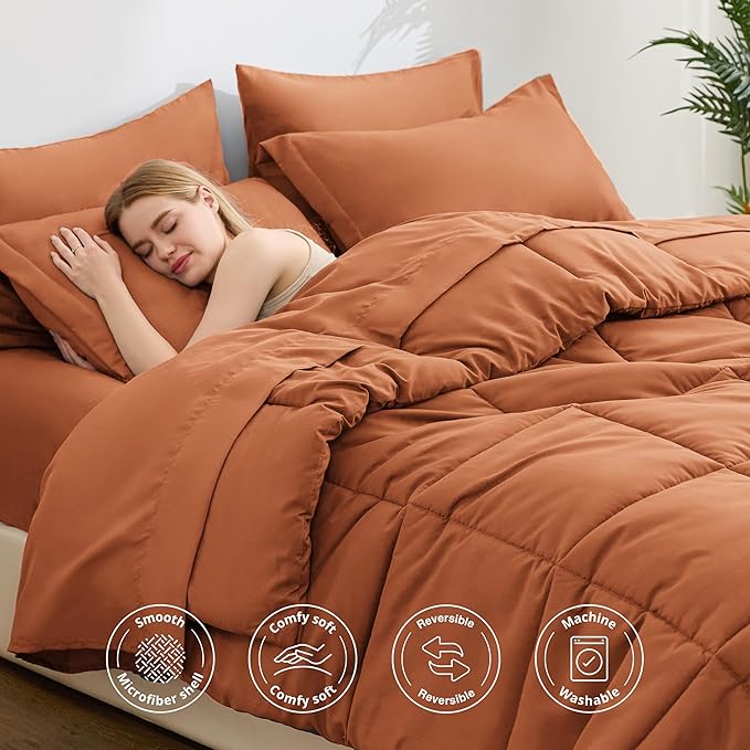 Love's cabin Twin Comforter Set Burnt Orange, 5 Pieces Twin Bed in a Bag, All Season Bedding Sets with 1 Comforter, 1 Flat Sheet, 1 Fitted Sheet, 1 Pillowcase and 1 Pillow Sham | Soft, Breathable, Lightweight, Comfortable